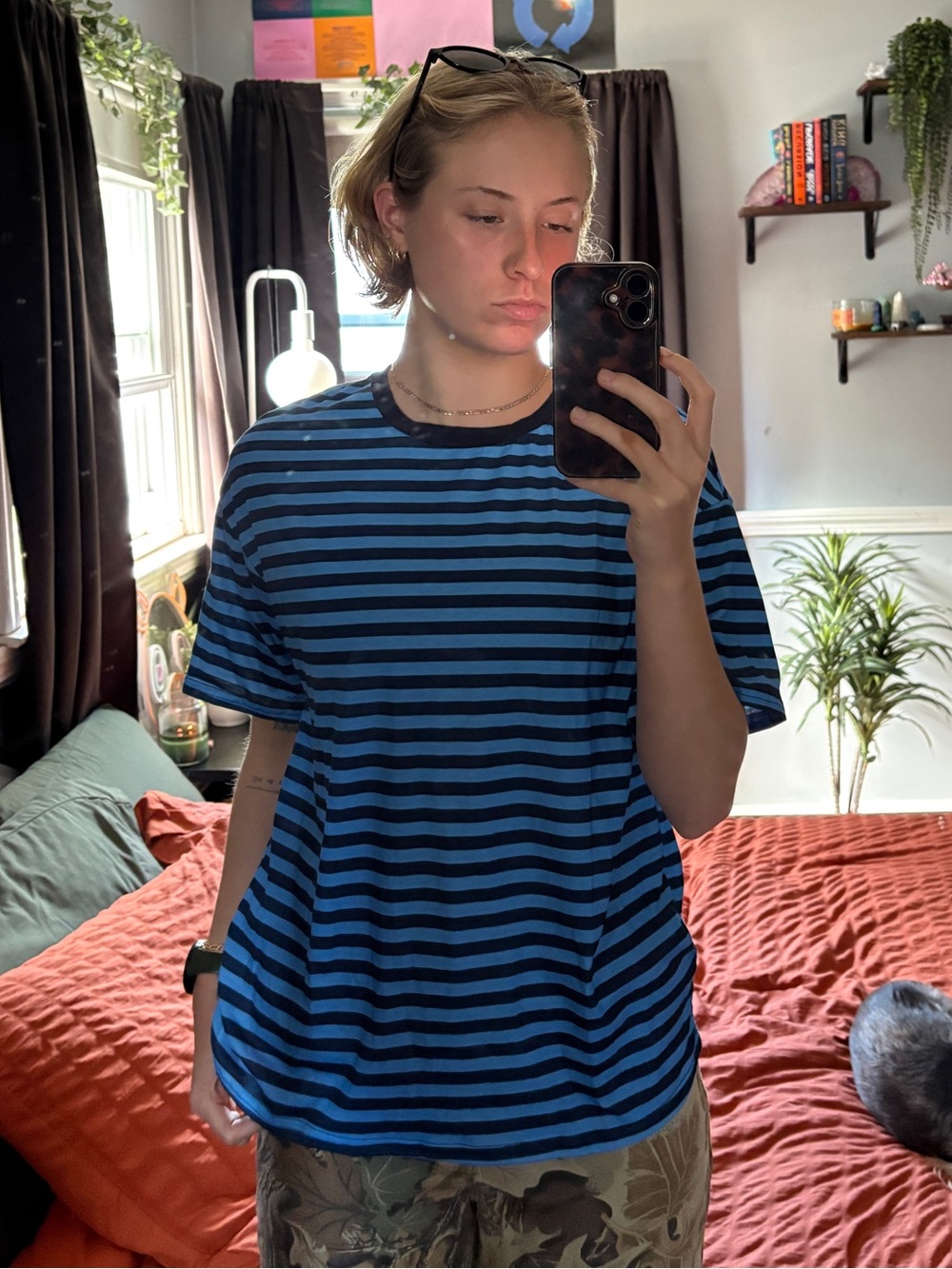 SHEIN Blue and Black Striped Crewneck Tee